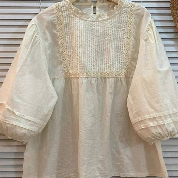 Tops - Ivory Lace Detail Long Sleeve Peasant Blouse
